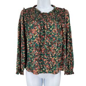 J.Crew Top Womens Sz M Petite Green Ditsy Floral Smocked Ruffle Blouse Cottage
